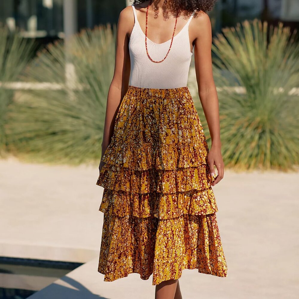 Love The Label Yellow Floral Tiered Midi Skirt - NWT Size Small